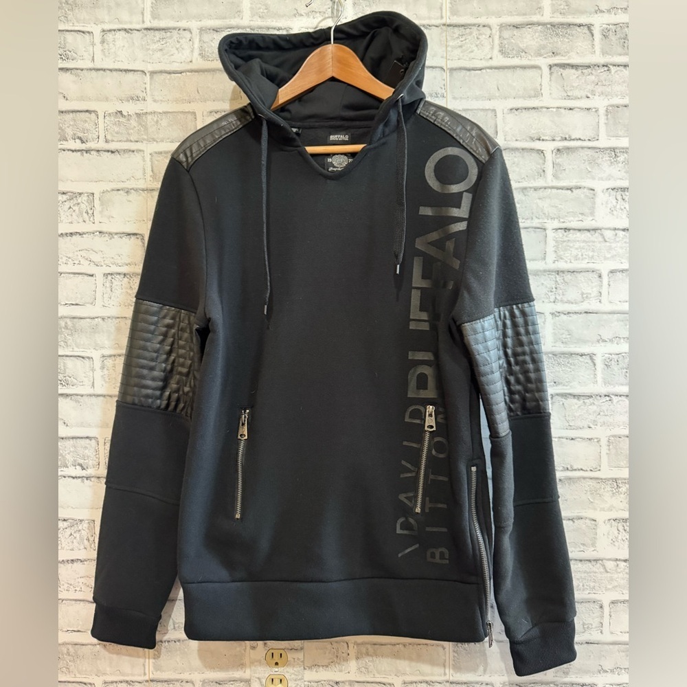 NWT! Men’s BUFFALO black with faux leather hoodie sweatshirt Medium